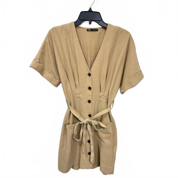 Zara Khaki Utility Short Sleeve Shirtdress Button Up Short Mini Dress Size Small - Picture 2 of 9